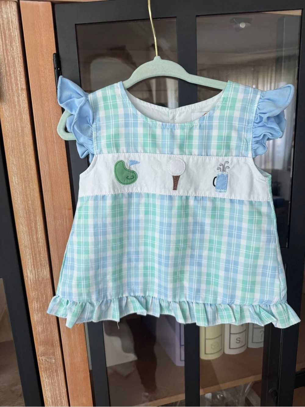 Golf applique embroidered ruffle gingham top dress baby toddler girl set bloomer